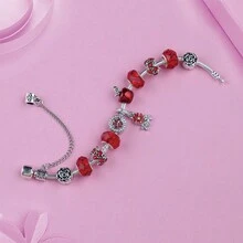 1pc Red Enamel Flower Apple Diy Jewelry Bracelet With Red Crystal Beads - Red - View 3