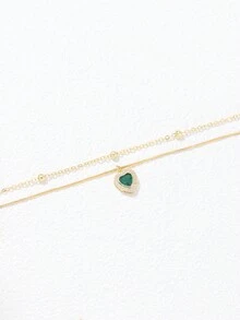 復古綠色心形方晶鋯石吊墜串珠多層項鍊,適合約會、通勤和情人節、週年紀念日等節日,也可作為禮物 - 金黃色 - 查看 4