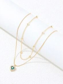 復古綠色心形方晶鋯石吊墜串珠多層項鍊,適合約會、通勤和情人節、週年紀念日等節日,也可作為禮物 - 金黃色 - 查看 5