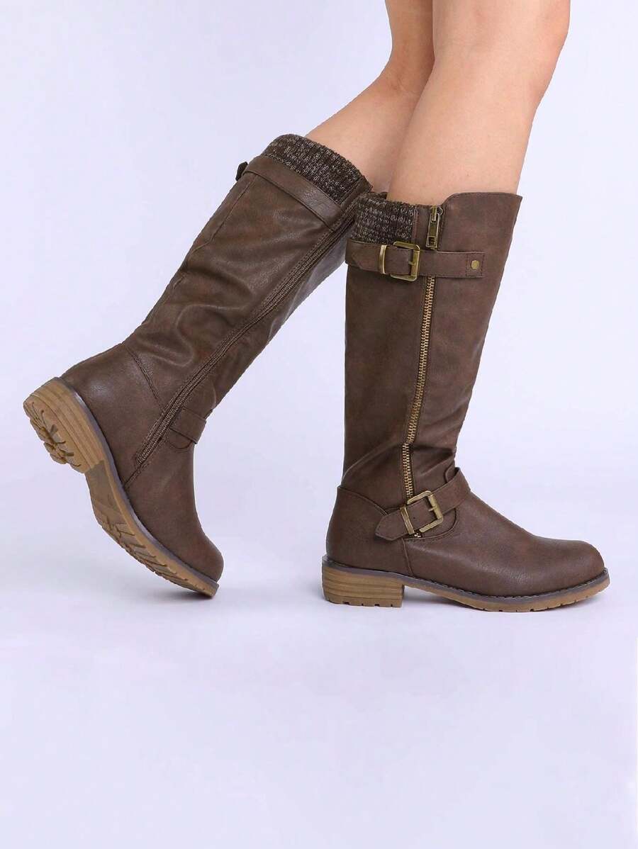 Women's Side Zipper Knee High Riding Boots - Brown - View 1