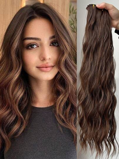 22英寸7片装波浪形夹式接发片，浅棕色，合成纤维，适合女性和女孩日常使用
