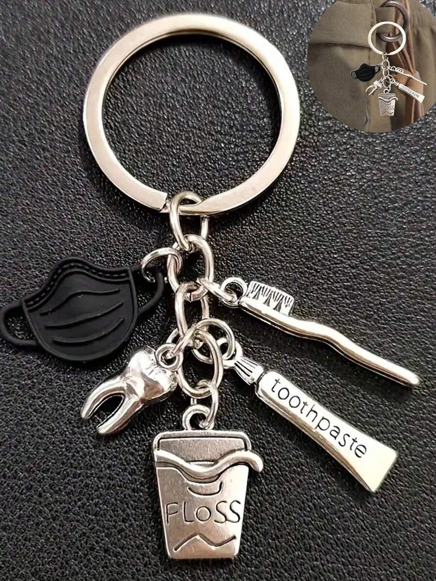 1 pieza Llavero de dentista con combinación de máscara, pasta de dientes y cepillo de dientes, accesorio colgante para bolso, llavero y accesorios de coche - Negro - Ver 1