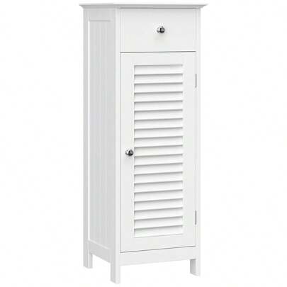Bedside Cabinet Shelf Storage For Bathroom, Wooden Structure With Drawer Shutter Door, MDF Panels, 32 X 30 X 87 Cm, White