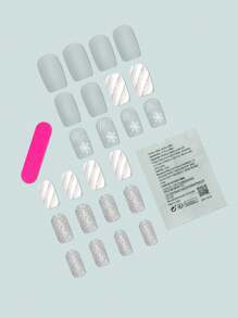 24入組中長方形和C型雪花全覆蓋假指甲，升級款灰色哑光、閃爍白色、簡約線條，適合派對、跳舞和日常穿戴，貼上指甲修飾工具 - 彩色 - 查看 2