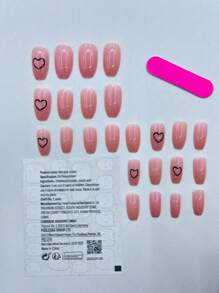 Upgrade Your Look with 24pcs Long Coffin Nude Solid Color Glossy Heart Print Fake Nail & 1pc Nail File & 1sheet Tape - Multicolor - View 2