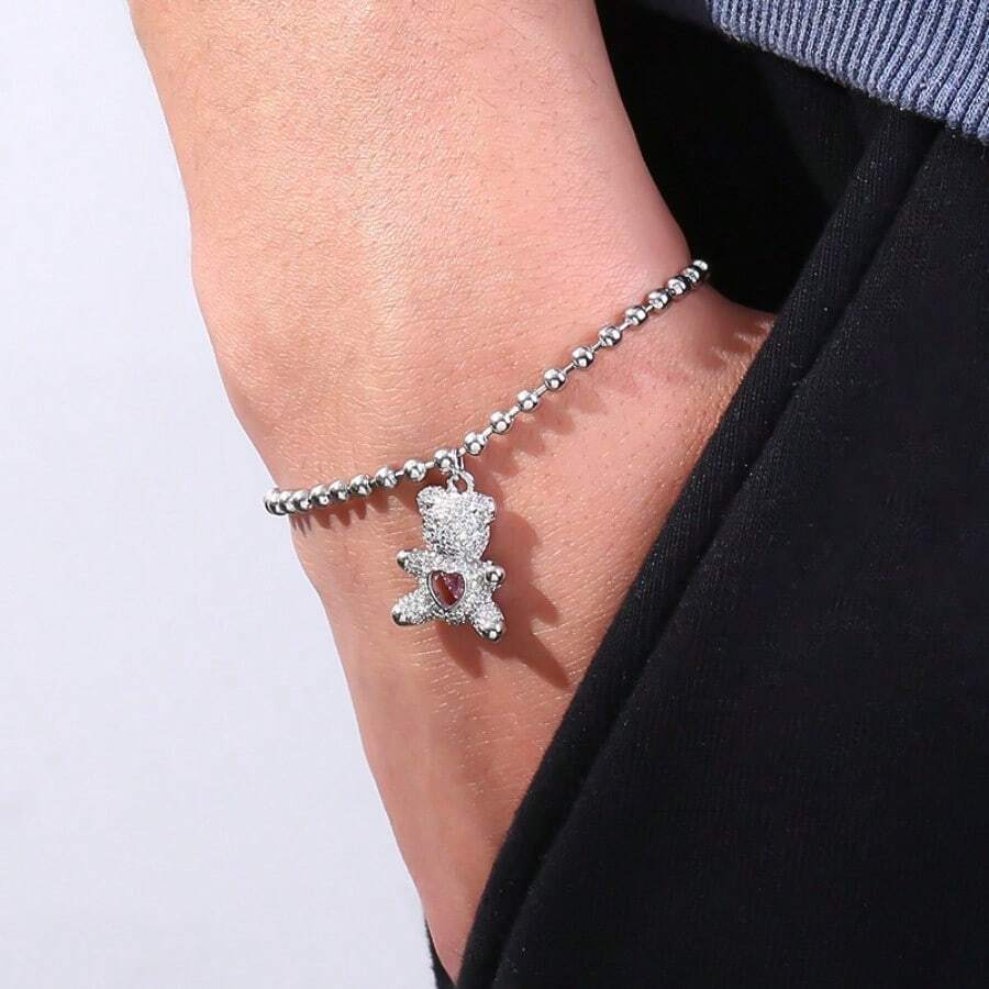 【銅製微鑲】可愛而敏捷的熊珠狀不銹鋼手鍊,中性珠寶禮物 - 銀色 - 查看 1