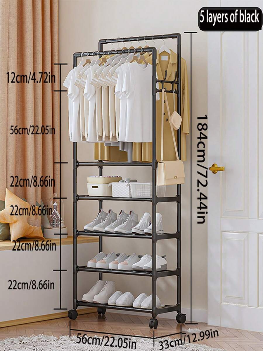 1pc Simple Coat And Hat Stand, Floor-Standing Bedroom Combination Clothes Rack, Home Shoe Storage Organizing Stand, Clothes Drying Rack Integrated Rack. Material: Pp Plastic + 16mm + 9.8mm Baking Paint Pipe + Universal Wheel. - Black - View 1