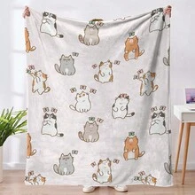 1pc Cartoon Cat & Butterfly Print Hand Drawn Coral Fleece Blanket, Perfect For Napping, Snuggling, Sofa Covering - Multicolor - View 3