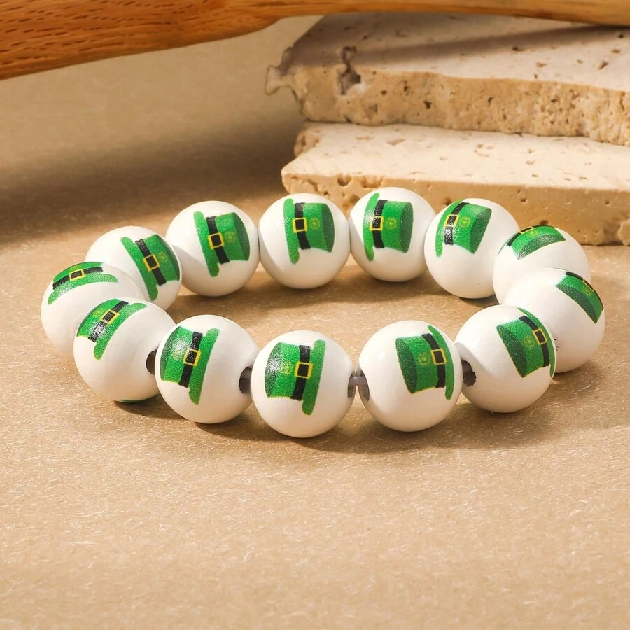 1個德國啤酒節風格簡約時尚帽印刷白木珠彈性手鍊 - 彩色 - 查看 1
