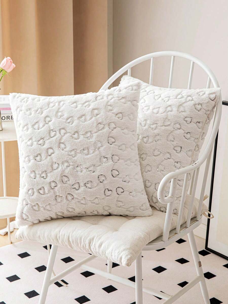 情人節毛絨亮片心形白色枕套 - 白色 - 查看 1