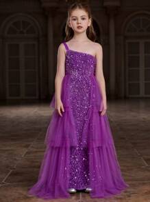 Vestido de Malha com Lantejoulas e Camadas sem Manga com Um Ombro e Cinto para Meninas Adolescentes