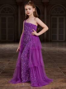Vestido de Malha com Lantejoulas e Camadas sem Manga com Um Ombro e Cinto para Meninas Adolescentes