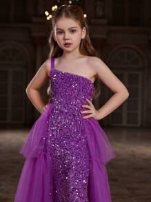 Vestido de Malha com Lantejoulas e Camadas sem Manga com Um Ombro e Cinto para Meninas Adolescentes