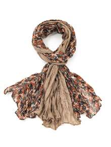 1入復古休閒拼接褶紋花卉印花圍巾披肩,適用於日常通勤穿搭 - 卡其色 - 查看 3