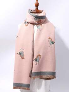 1pc Ladies' Stylish Short Fringed Pink Scarf With Bird Pattern, Keep Warm For Dating And Outdoor Activities - Pink - View 7