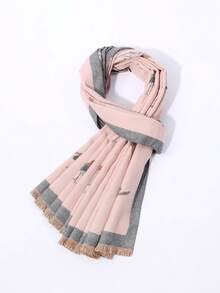 1pc Ladies' Stylish Short Fringed Pink Scarf With Bird Pattern, Keep Warm For Dating And Outdoor Activities - Pink - View 4