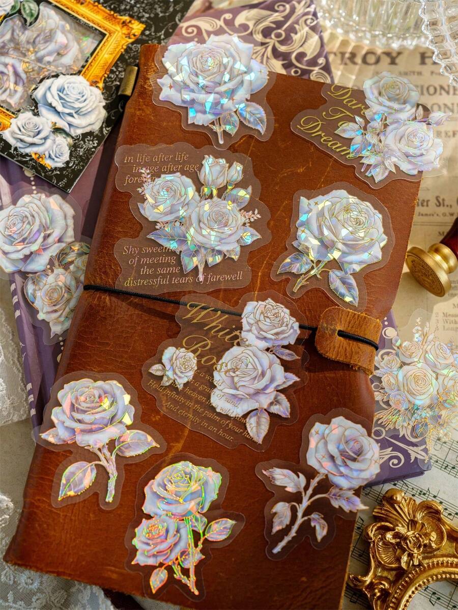 20pcs/Pack Pet 3d Laser Gold Sticker Set, Rose Gift Collection, For Diy Scrapbook & Planner Decoration - Multicolor - View 1