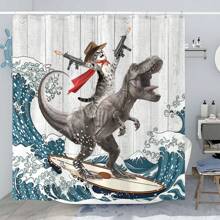 Funny Cat Themed Bathroom Shower Curtain With Waves Pattern, Waterproof Fabric Shower Curtain Set With 12 Hooks - Surfing Dinosaur - View 8