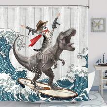 Funny Cat Themed Bathroom Shower Curtain With Waves Pattern, Waterproof Fabric Shower Curtain Set With 12 Hooks - Surfing Dinosaur - View 5