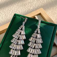 1pair Silver-Color Long Tassel & Zirconia Dangle Earrings, Elegant And Slimming Design For Women'S Daily And Party Wear - Silver - View 2