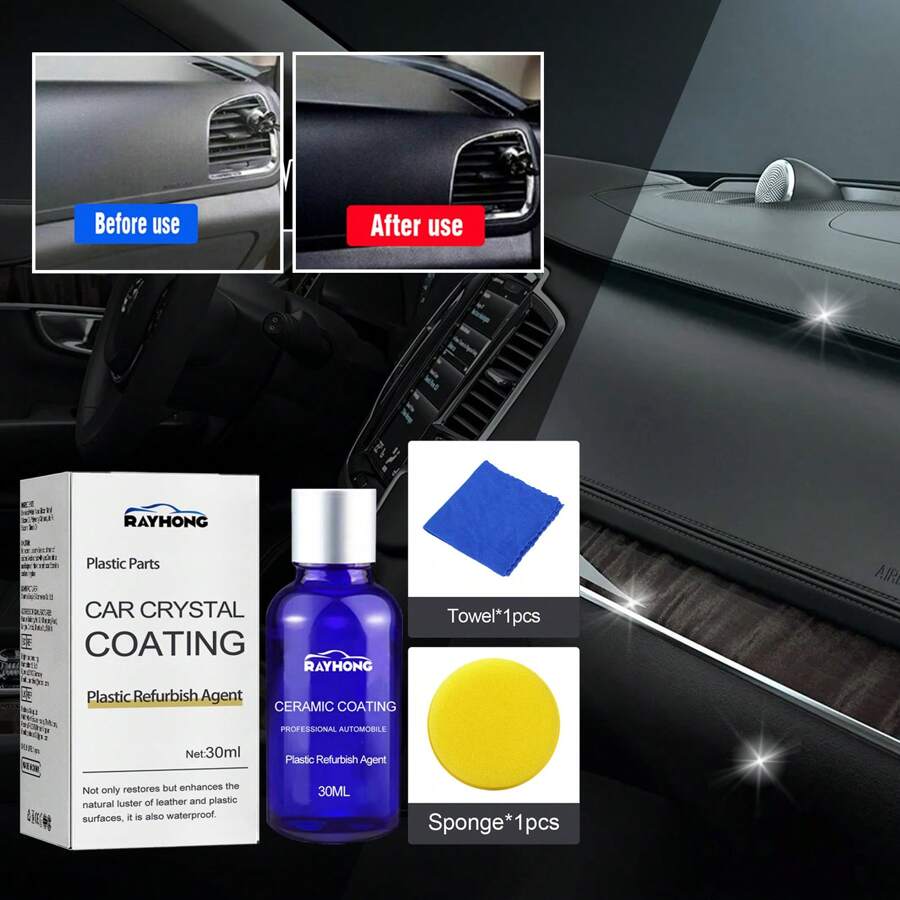 1入組30ml 汽車塑料翻新水晶電鍍液 汽車儀表板內飾清潔除汙塵翻新新亮塗層 + 海棉 + 毛巾 - 藍色 - 查看 1