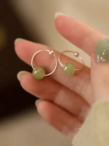 1對女士925純銀復古簡約綠色人造和田玉珠耳環,時尚豪華古風精細耳環,適用於日常生活派對珠寶首飾禮品 - 銀色 - 查看 3