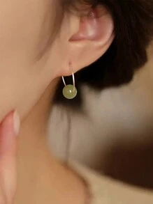 1對女士925純銀復古簡約綠色人造和田玉珠耳環,時尚豪華古風精細耳環,適用於日常生活派對珠寶首飾禮品 - 銀色 - 查看 4