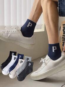 6pairs/Set Men's Letter Design Sporty Breathable Sweat-Absorbing Ins Thin Mid-Calf Socks - Multicolor - View 1
