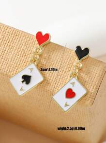 1 对独特可爱心形扑克牌不对称小耳钉女士个性化夏季百搭红心王牌和黑心王牌不对称镀金吊坠耳环配饰珠宝女士 - 紅色 - 查看 6
