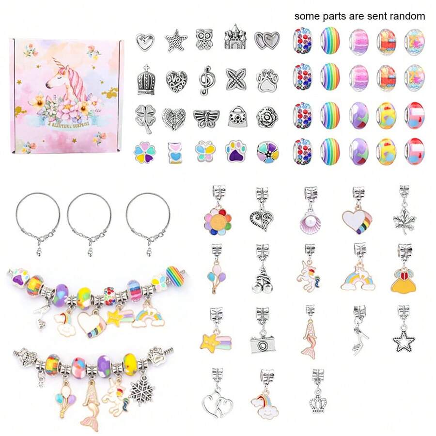 女孩迷人的獨角獸手鏈套件,包含60個珠子手鏈、吊飾,珠寶製作和diy工藝製作配件,附贈粉紅禮盒(配件隨機)