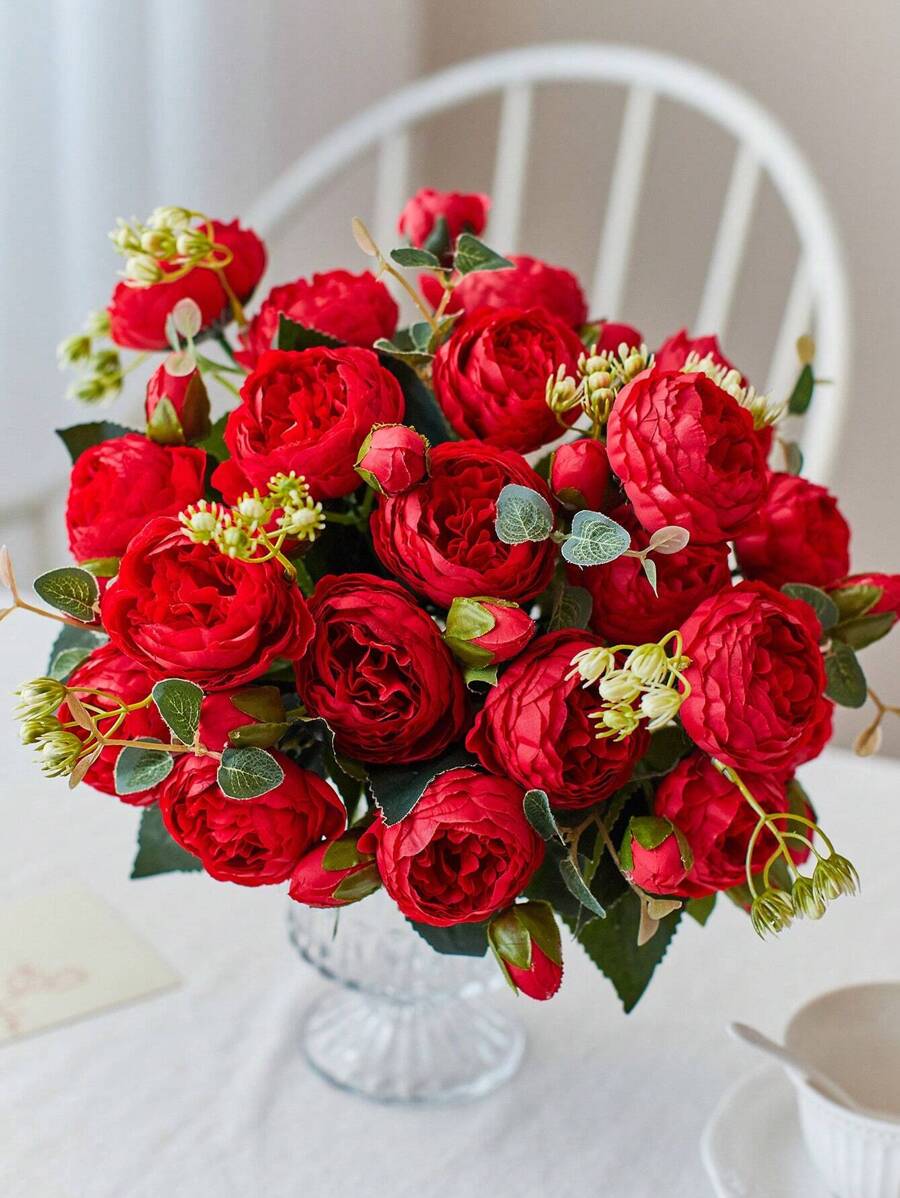 1 Pc/3 Pcs Artificial Rose Flowers Bouquet Real Touch Fake Peony Flower For Home Wedding Decoration Party Mother's Day Valentine's Day - Red - View 1