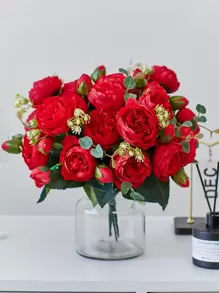 1 Pc/3 Pcs Artificial Rose Flowers Bouquet Real Touch Fake Peony Flower For Home Wedding Decoration Party Mother's Day Valentine's Day - Red - View 4