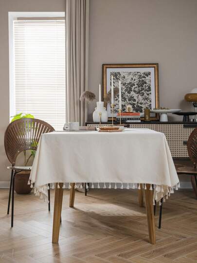 MeijiaMo 1pc Ivory Rectangle Tablecloth, Minimalist Bohemian Style Polyester Solid Color Decorative Table Mat For Kitchen, Dining Room, Party, Holiday, Wedding, Coffee Table, Suitable For All Seasons