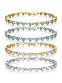 1件真925純銀綠松石網球鍊手鍊,獨特的水滴形狀鋯石連鎖設計,女性手鍊,華麗的珠寶,是生日、新年和周年紀念日的最佳禮物 - 銀色 - 查看 1