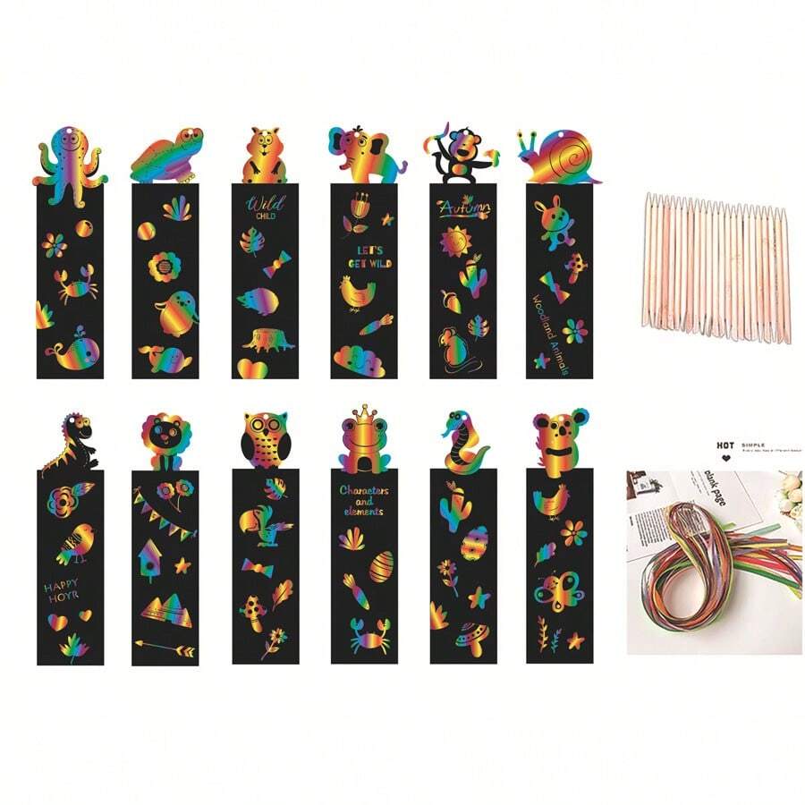 12pcs, Bookmark, Animal DIY, Scratch Painting, Alien Hanging Painting, Colorful Scratch Paper, Children's Painting Scratch Painting - 12 Animal Bookmarks - View 1