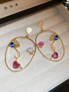 1pair Fashionable Personalized Exaggerated Oval Heart & Face Shape Rhinestone Inlaid Earrings - Yellow Gold - View 7