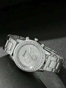 6pcs/Set Fashion Women's Round Steel Band Quartz Watch, Versatile Round Rhinestone Dial, Can Be Matched With Bracelets, Necklaces, Earrings, Rings And Other Jewelry To Form A Jewelry Set, Suitable For Daily Wear, Formal Events And Other Occasions, Also Can Be Used For Holiday Decorations. - Silver - View 4