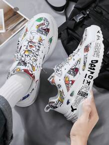 Men's Graffiti Design Front Tie Road Running Shoes, Outdoor Casual Shoes, Lightweight, Comfortable, Thick-Soled Personalized Shoes - White - View 7