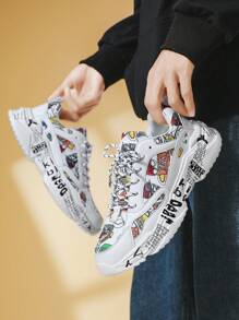 Men's Graffiti Design Front Tie Road Running Shoes, Outdoor Casual Shoes, Lightweight, Comfortable, Thick-Soled Personalized Shoes - White - View 6