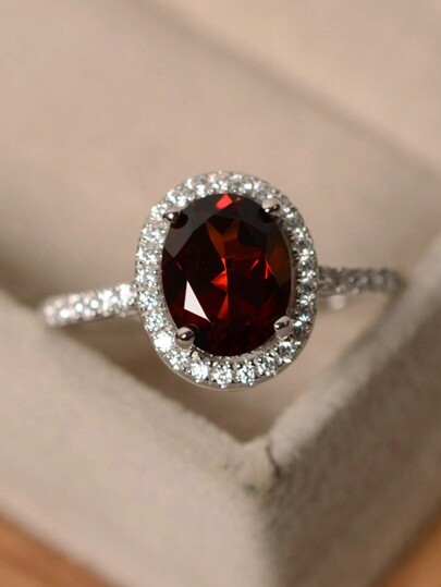 1pc Silver Wedding/Engagement Ring With Red Gemstone For Women, Daily Wear