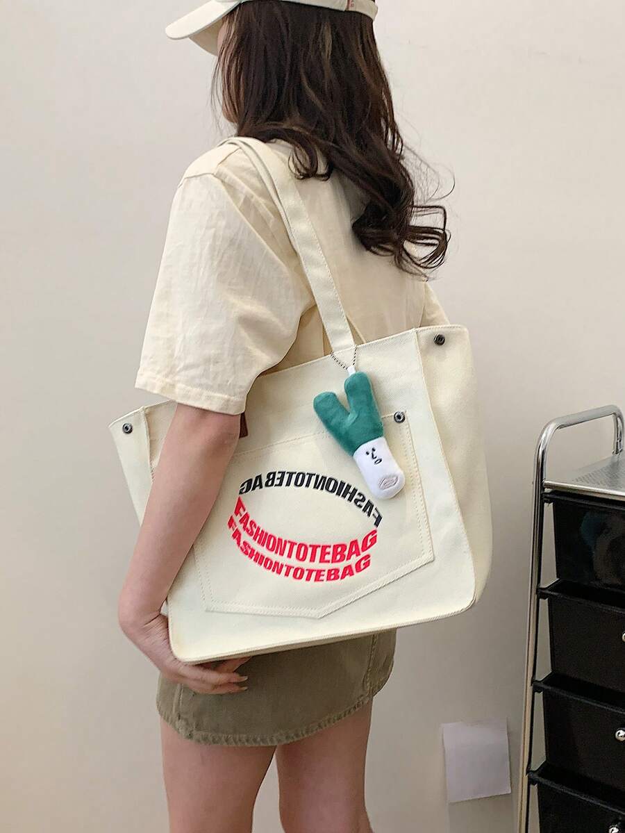 Stylish Korean Style Literary Alphabet Tote Bag, Large Capacity Canvas Bag Suitable For Students And Casual Occasions. - White - View 1