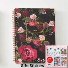 2024 Planner Notebook A5 Size With Flip Index Page, Weekly Calendar, Yearly Calendar, Coil Binding, And Floral Cover Design - Black - View 1