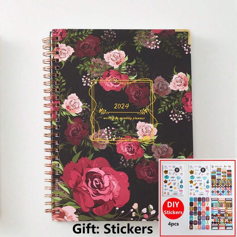 2024 Planner Notebook A5 Size With Flip Index Page, Weekly Calendar, Yearly Calendar, Coil Binding, And Floral Cover Design - Black - View 1