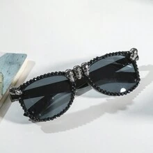 1pc New Fashion Rhinestone Inlaid Skull Shaped Fashion Glasses Cat Eye Shade For Party Decoration - Black - View 4