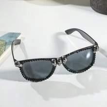 1pc New Fashion Rhinestone Inlaid Skull Shaped Fashion Glasses Cat Eye Shade For Party Decoration - Black - View 3