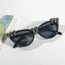 1pc New Fashion Rhinestone Inlaid Skull Shaped Fashion Glasses Cat Eye Shade For Party Decoration - Black - View 5