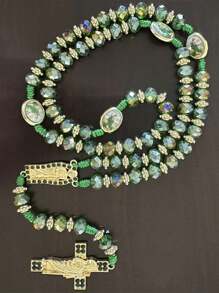 1 Stück Rosenkranz mit Heiliger Judas grünen Kristallperlen, katholische Halskette mit Kreuzanhänger, Schutz, Segen, katholischer handgemachter Schmuck, Geschenkanhänger, Auto-Anhänger, Geschenk zu Weihnachten, Halloween, Valentinstag für Männer und Frauen