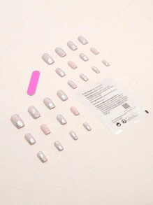 Elevate Your Style with 24pcs Short Square Pink Matte Silver Metal Star Pattern Fake Nail & 1pc Nail File & 1sheet Tape - Multicolor - View 2