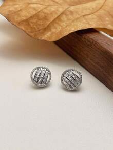 2pcs Shiny Zirconia Round Shaped Earrings, Versatile Fashion Stud Earrings - Silver - View 3