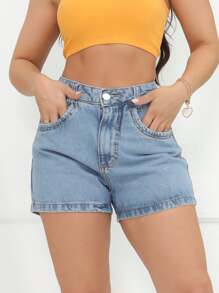 Women Denim Shorts - 中等水洗藍 - 查看 2